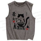 Unisex Ramen Cat Printed Washed Tank Top