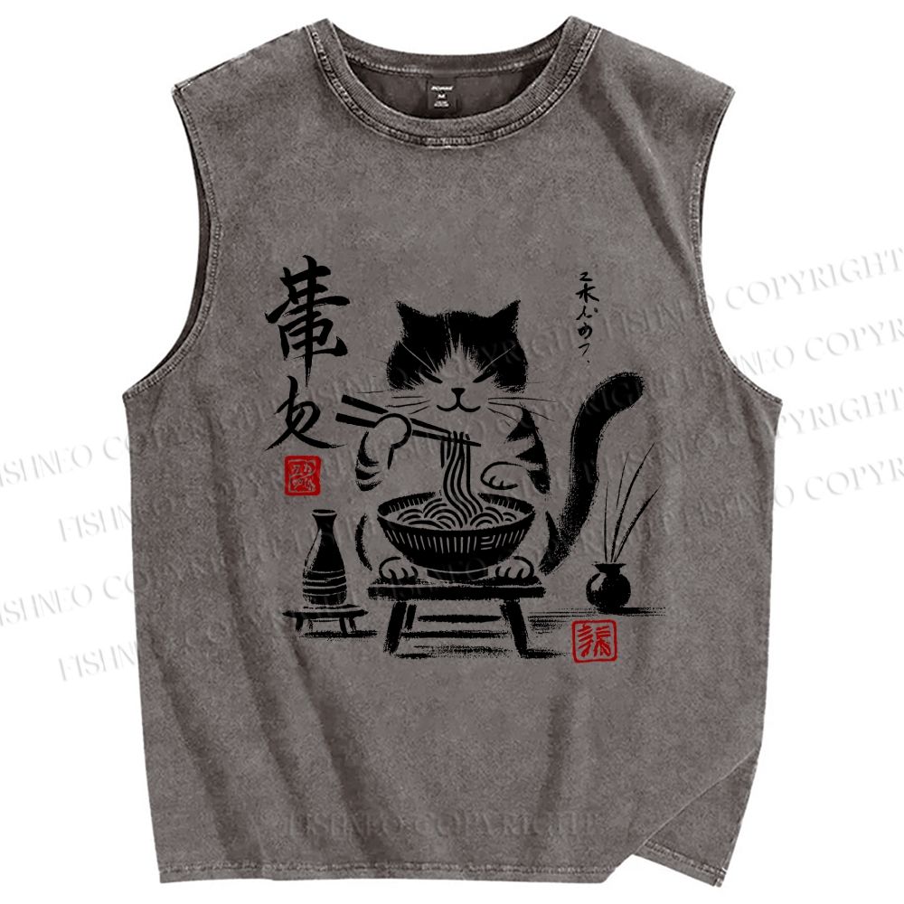 Unisex Ramen Cat Printed Washed Tank Top