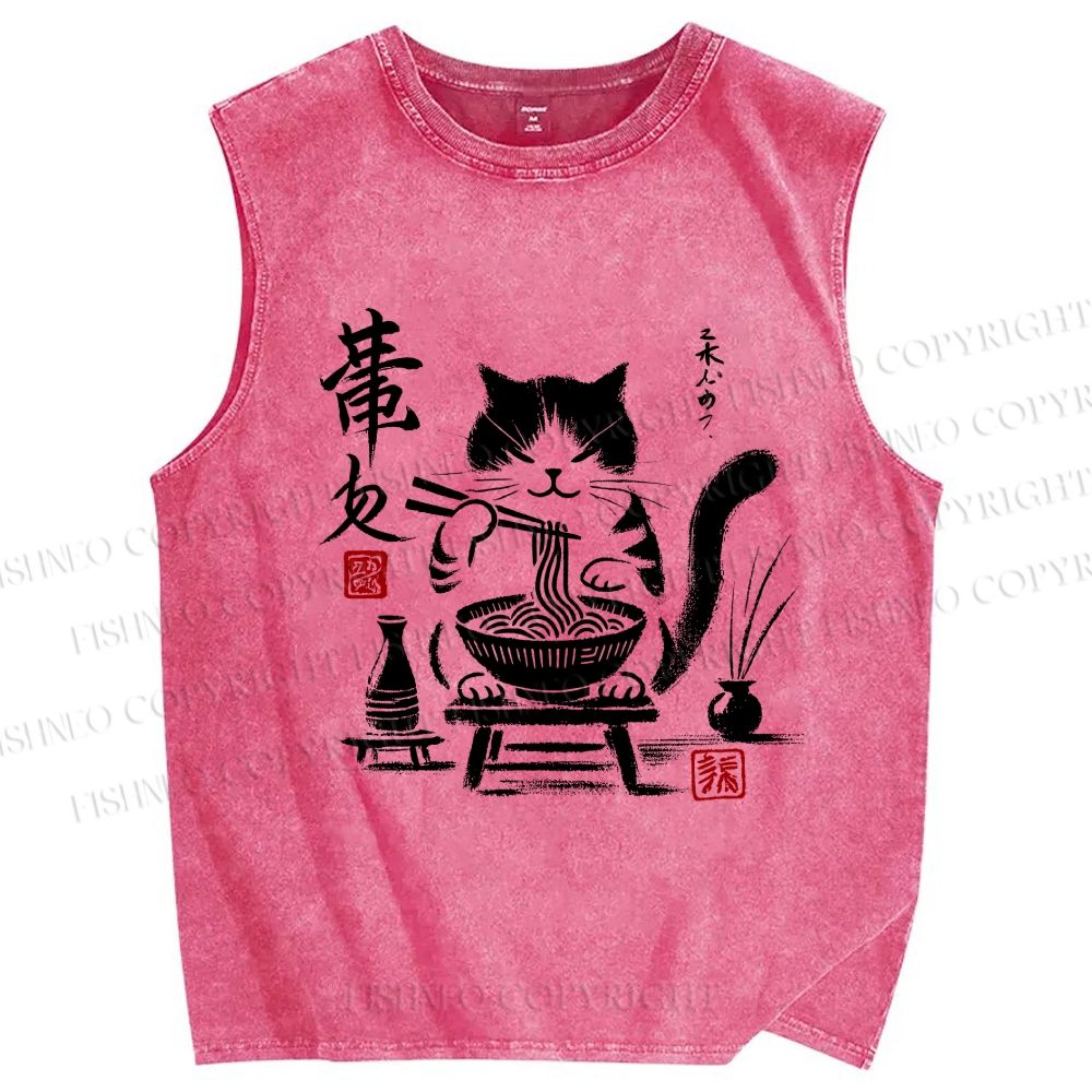 Unisex Ramen Cat Printed Washed Tank Top