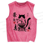 Unisex Ramen Cat Printed Washed Tank Top