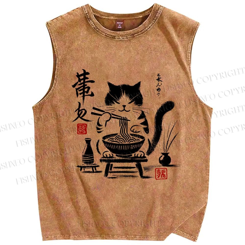 Unisex Ramen Cat Printed Washed Tank Top