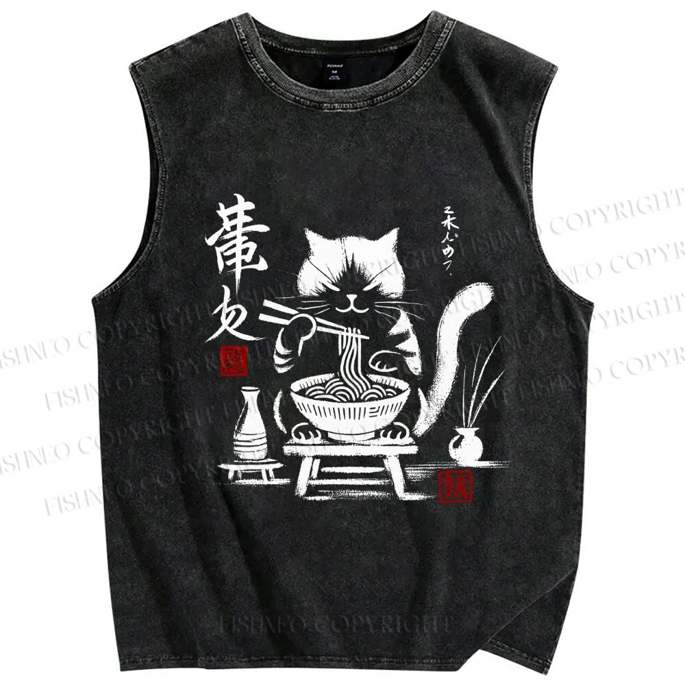 Unisex Ramen Cat Printed Washed Tank Top