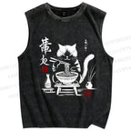 Unisex Ramen Cat Printed Washed Tank Top