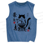 Unisex Ramen Cat Printed Washed Tank Top
