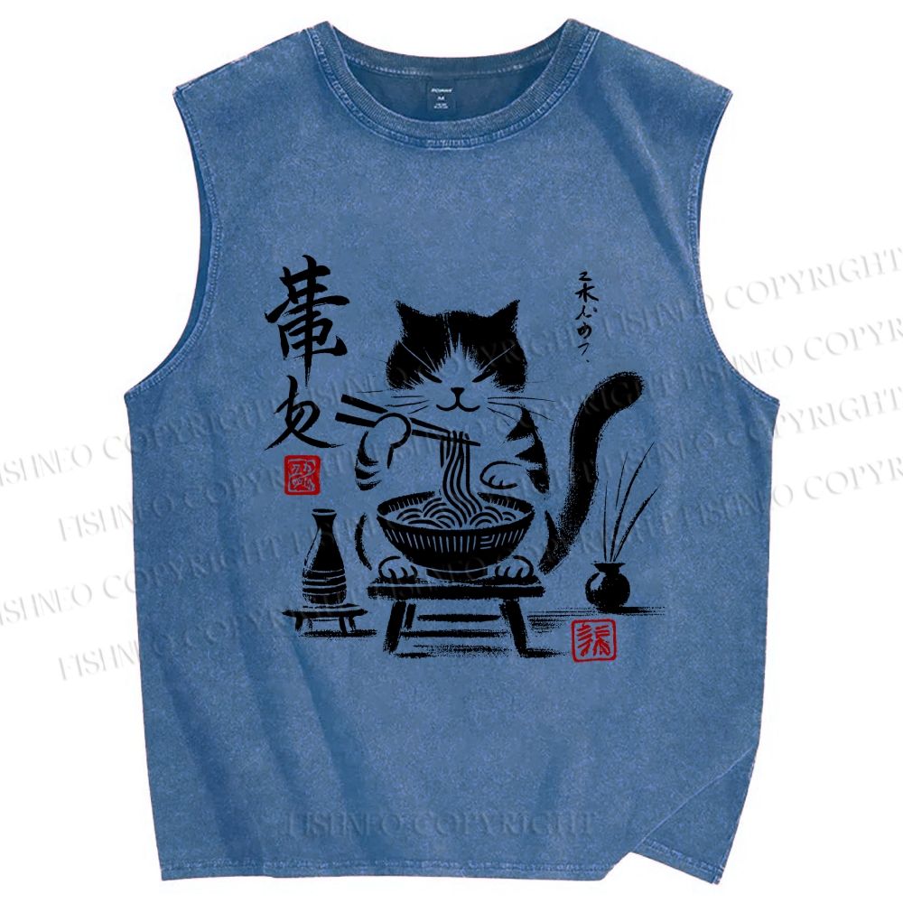 Unisex Ramen Cat Printed Washed Tank Top