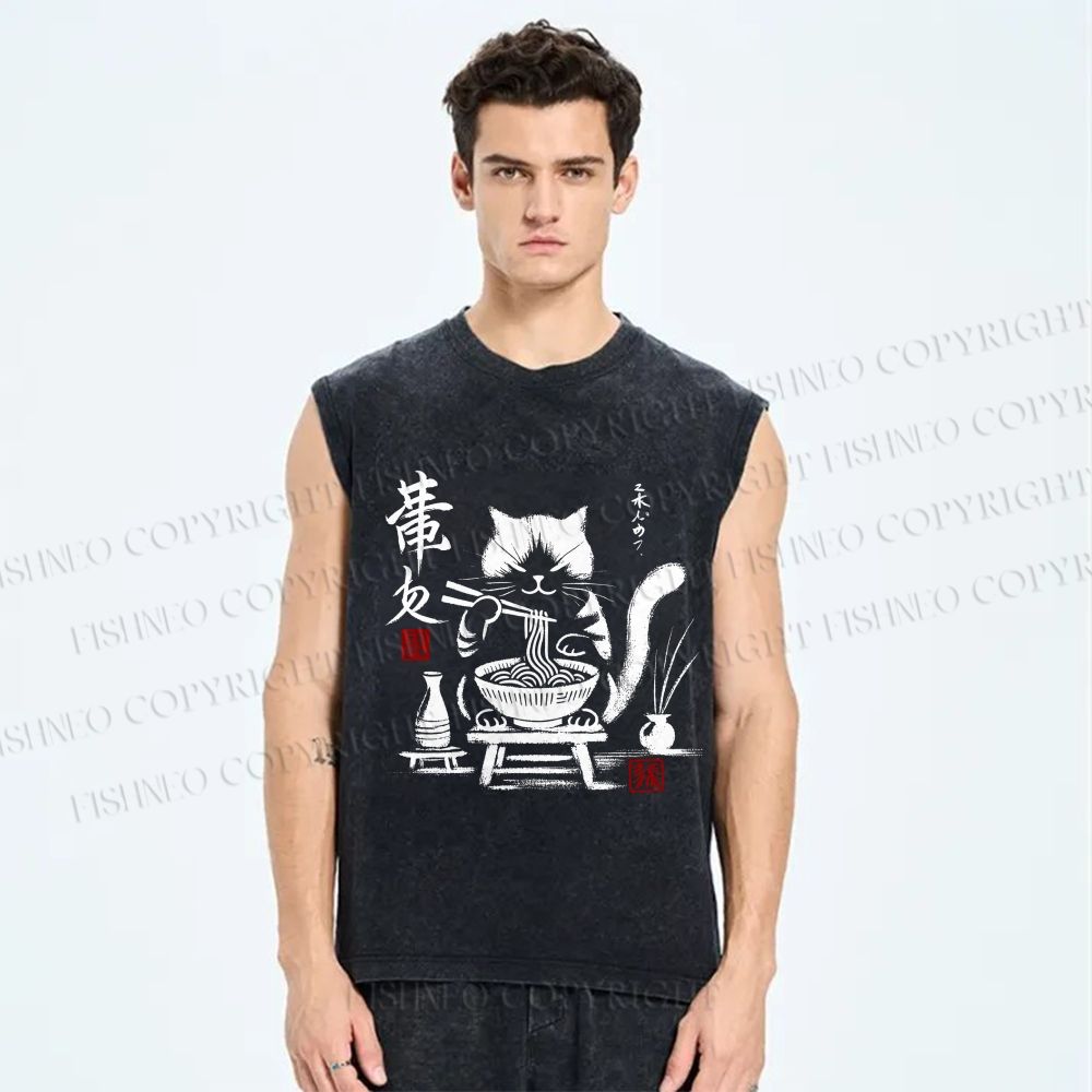 Unisex Ramen Cat Printed Washed Tank Top