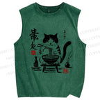 Unisex Ramen Cat Printed Washed Tank Top