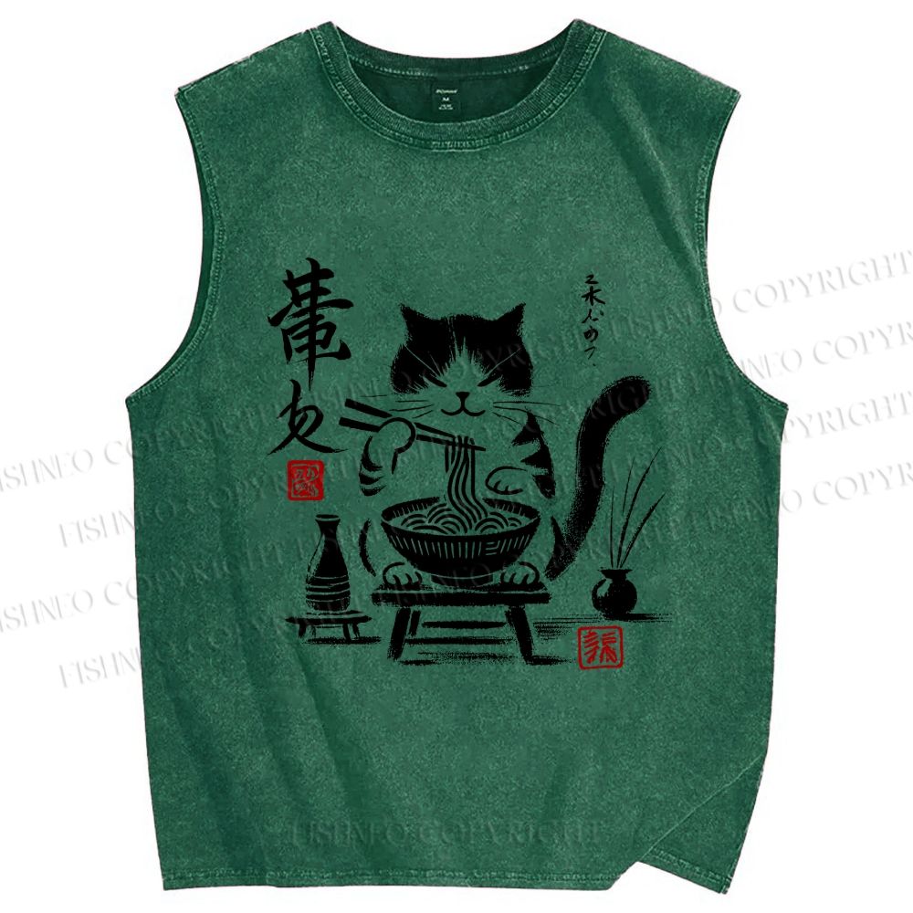 Unisex Ramen Cat Printed Washed Tank Top