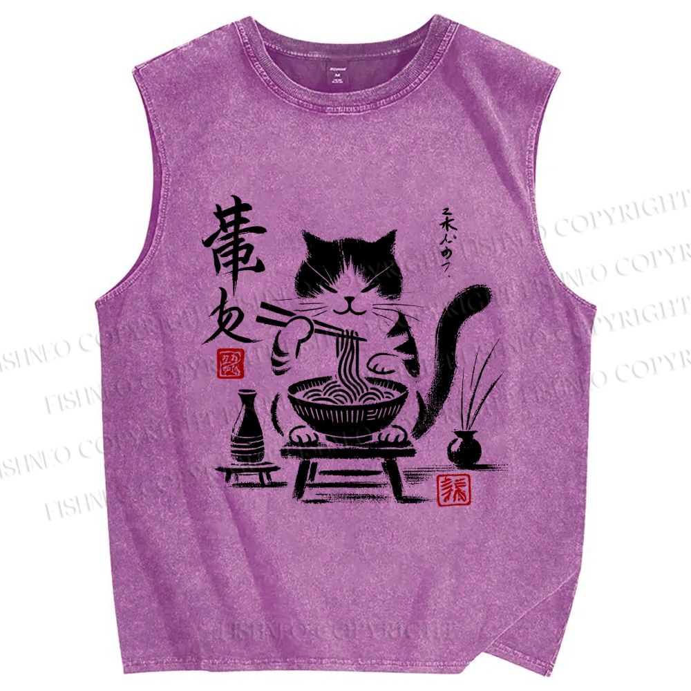 Unisex Ramen Cat Printed Washed Tank Top