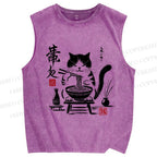 Unisex Ramen Cat Printed Washed Tank Top