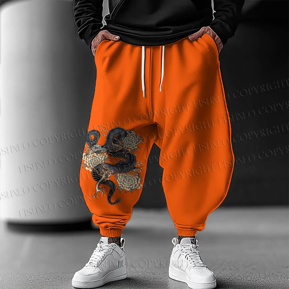 Men's Dragon And Kiku Printed Harlequin Pants