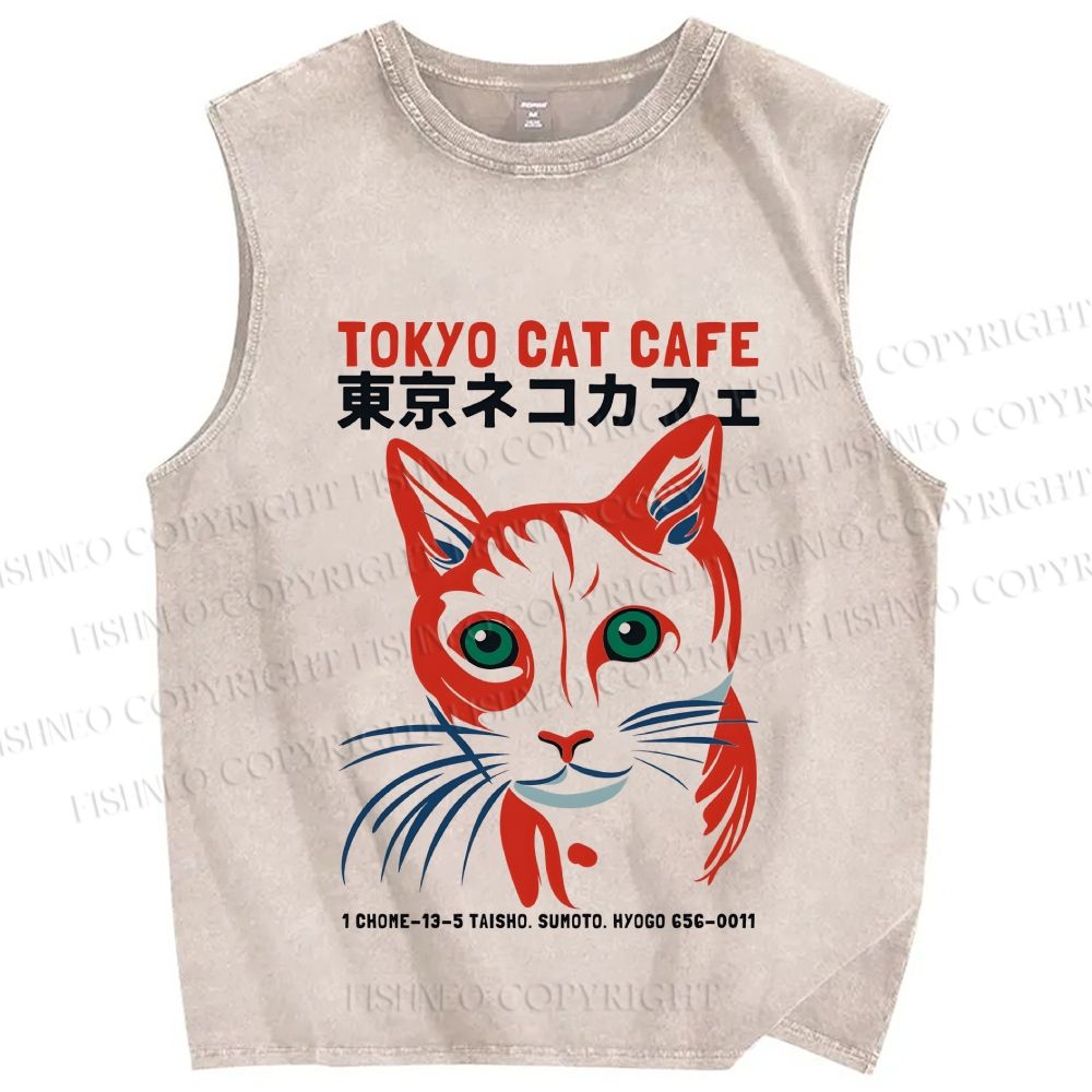 Unisex Tokyo Cat Cafe Retro Printed Washed Tank Top