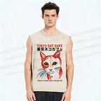 Unisex Tokyo Cat Cafe Retro Printed Washed Tank Top