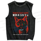 Unisex Tokyo Cat Cafe Retro Printed Washed Tank Top