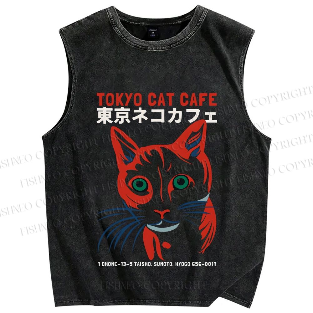 Unisex Tokyo Cat Cafe Retro Printed Washed Tank Top