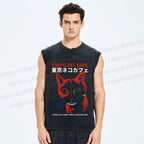 Unisex Tokyo Cat Cafe Retro Printed Washed Tank Top