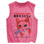 Unisex Tokyo Cat Cafe Retro Printed Washed Tank Top