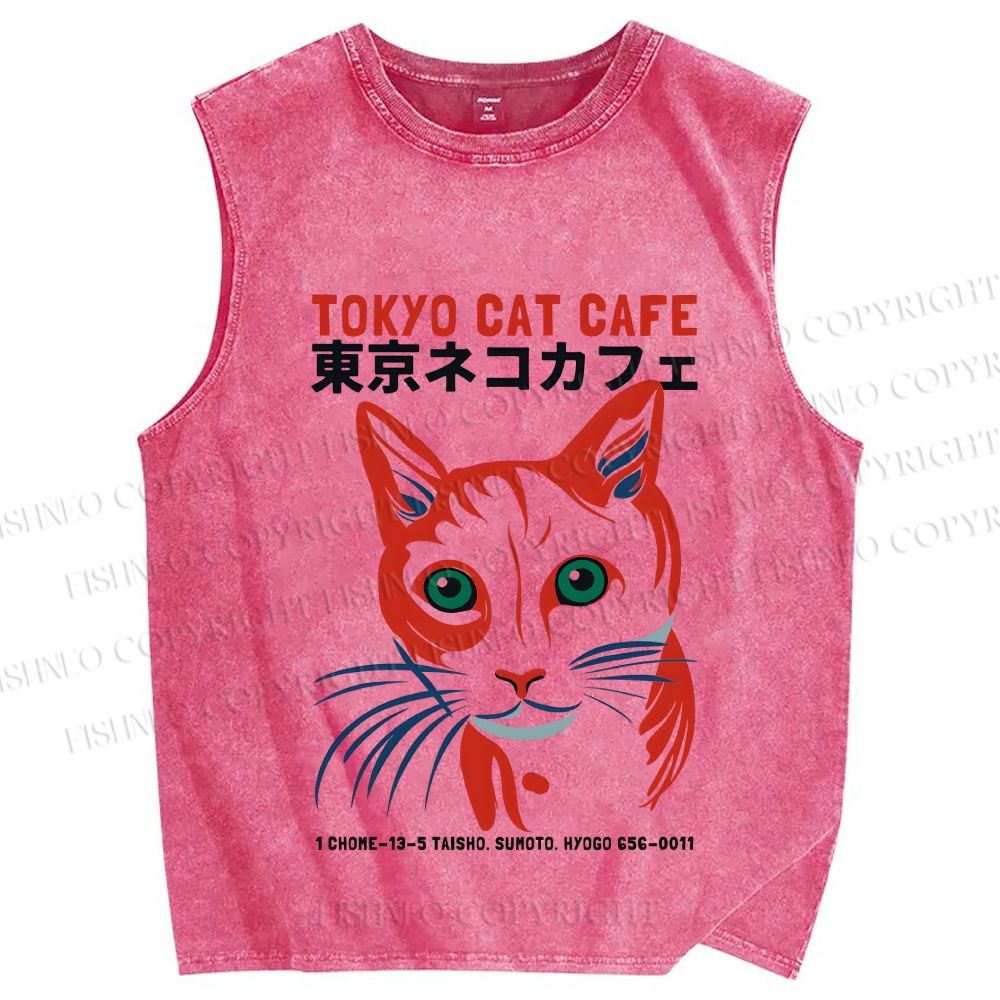Unisex Tokyo Cat Cafe Retro Printed Washed Tank Top