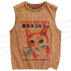 Unisex Tokyo Cat Cafe Retro Printed Washed Tank Top