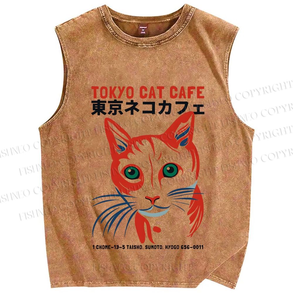 Unisex Tokyo Cat Cafe Retro Printed Washed Tank Top