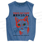 Unisex Tokyo Cat Cafe Retro Printed Washed Tank Top