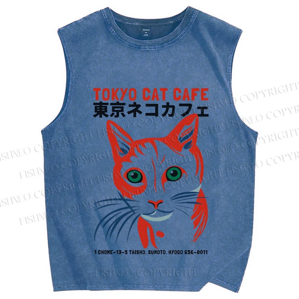 Unisex Tokyo Cat Cafe Retro Printed Washed Tank Top