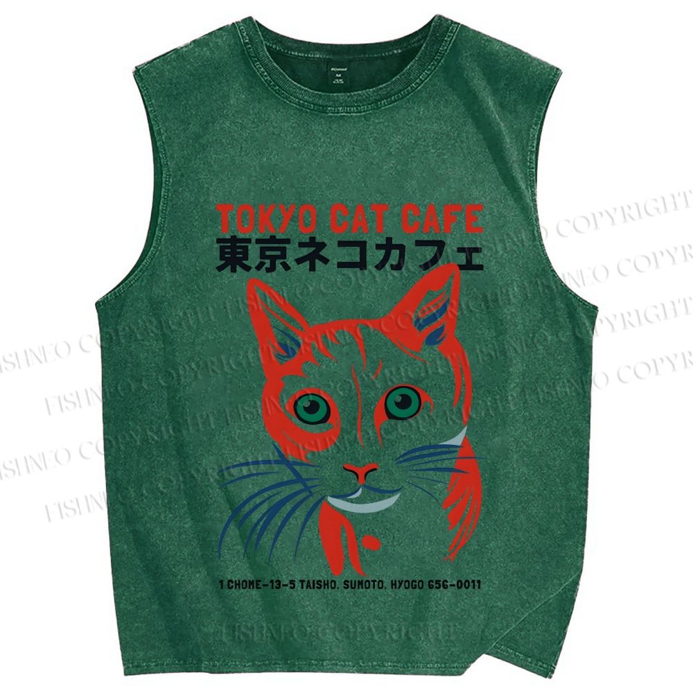 Unisex Tokyo Cat Cafe Retro Printed Washed Tank Top