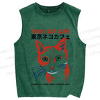 Unisex Tokyo Cat Cafe Retro Printed Washed Tank Top