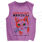 Unisex Tokyo Cat Cafe Retro Printed Washed Tank Top