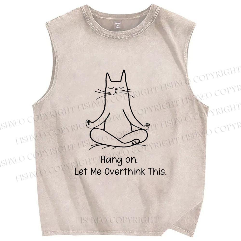 Unisex Meditating Cat Overthinking Vibe Printed Washed Tank Top