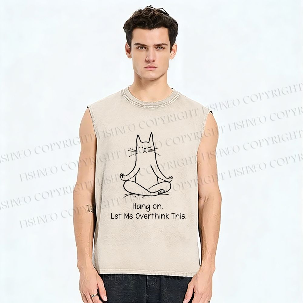 Unisex Meditating Cat Overthinking Vibe Printed Washed Tank Top