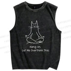 Unisex Meditating Cat Overthinking Vibe Printed Washed Tank Top