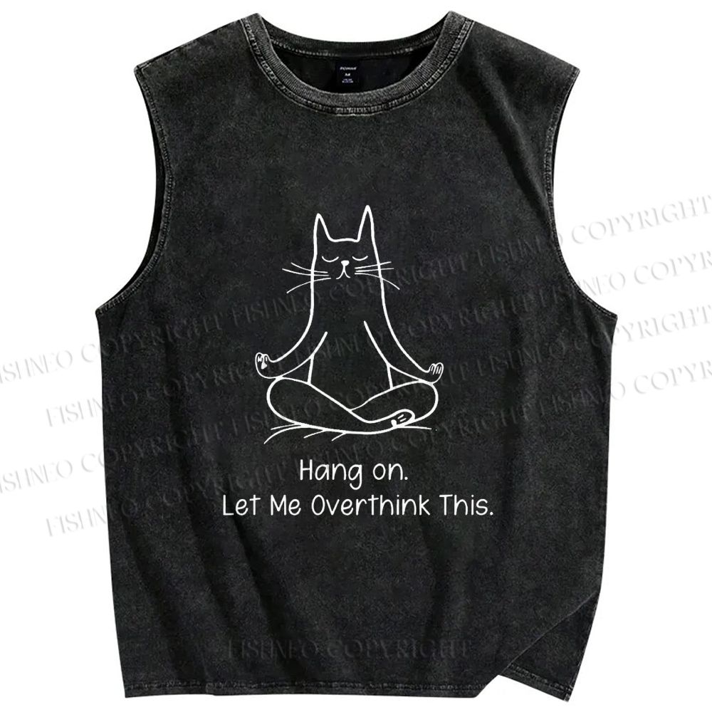 Unisex Meditating Cat Overthinking Vibe Printed Washed Tank Top