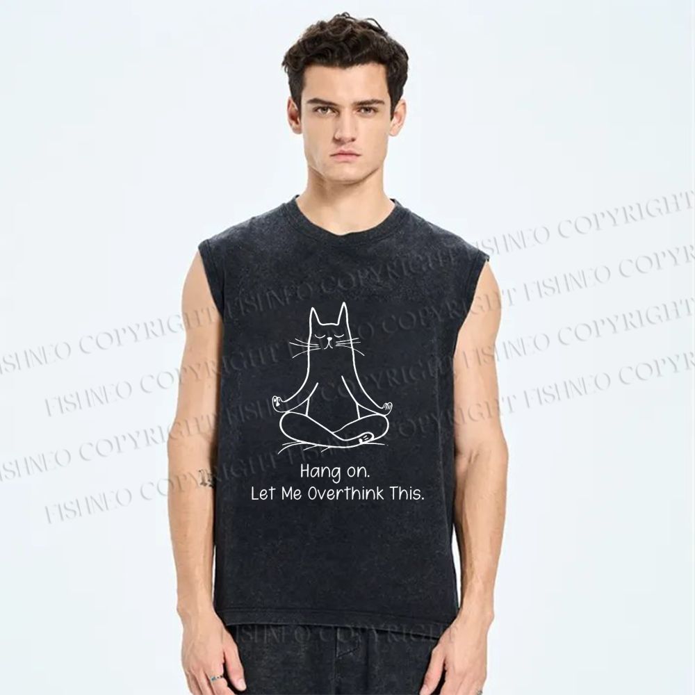 Unisex Meditating Cat Overthinking Vibe Printed Washed Tank Top