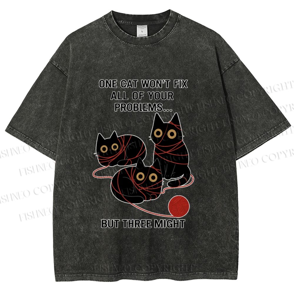 Unisex Three Cats Fix All Problems Printed Washed Tee