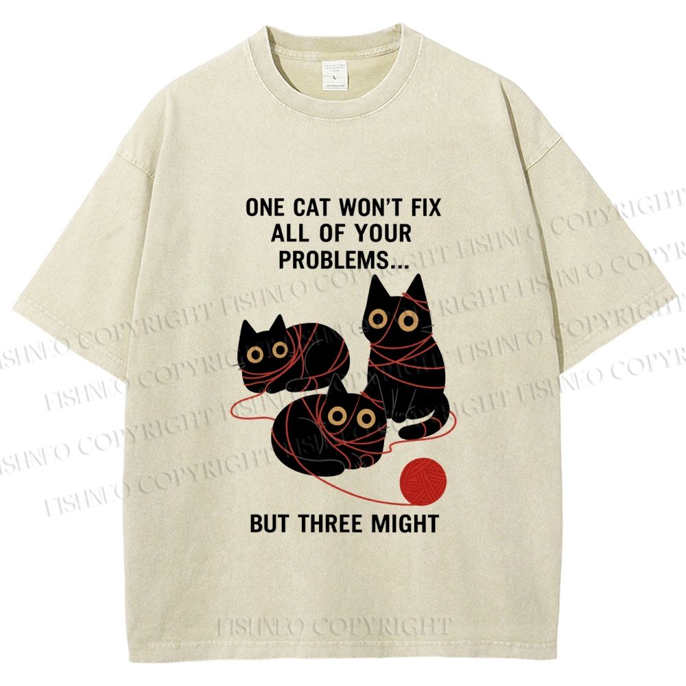 Unisex Three Cats Fix All Problems Printed Washed Tee