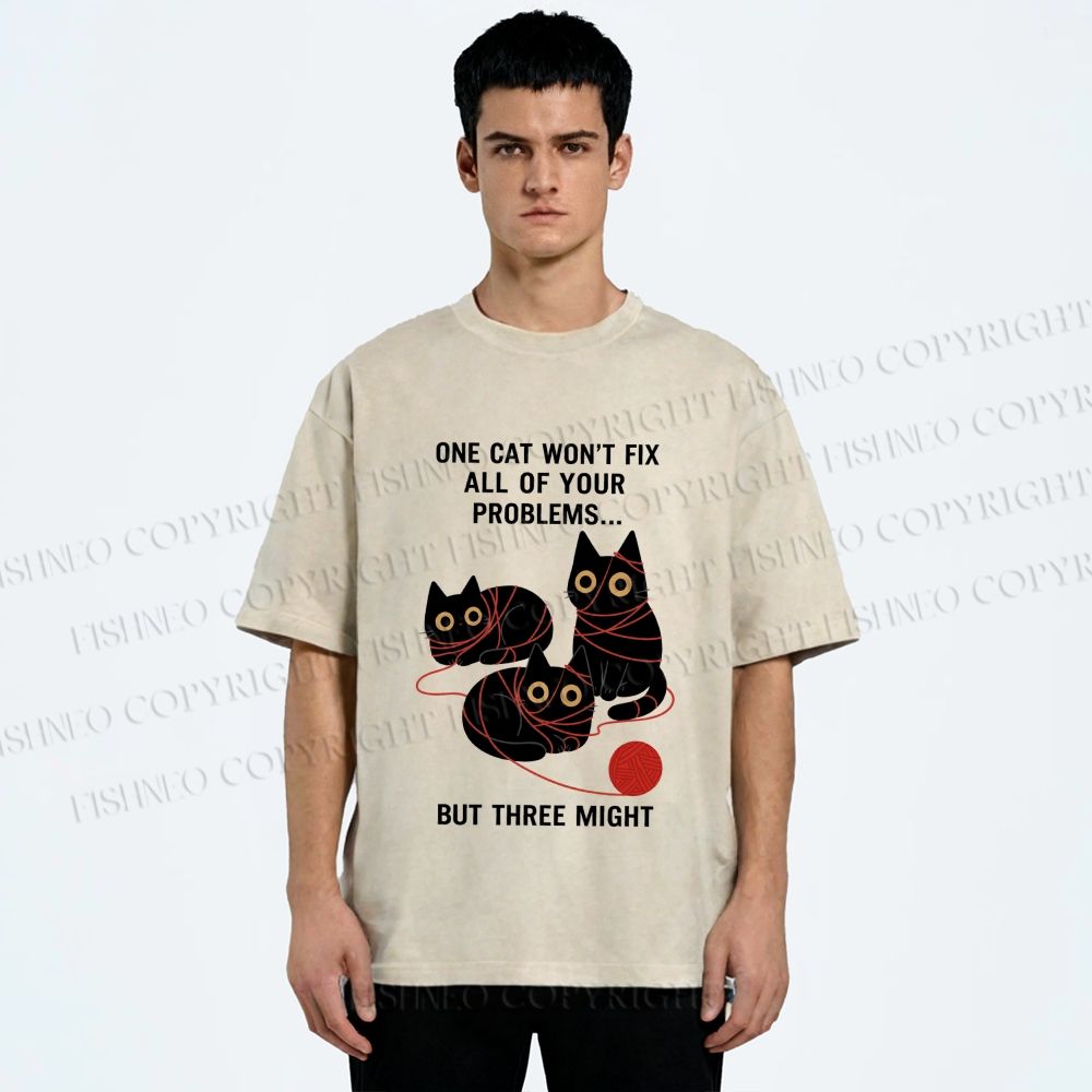 Unisex Three Cats Fix All Problems Printed Washed Tee