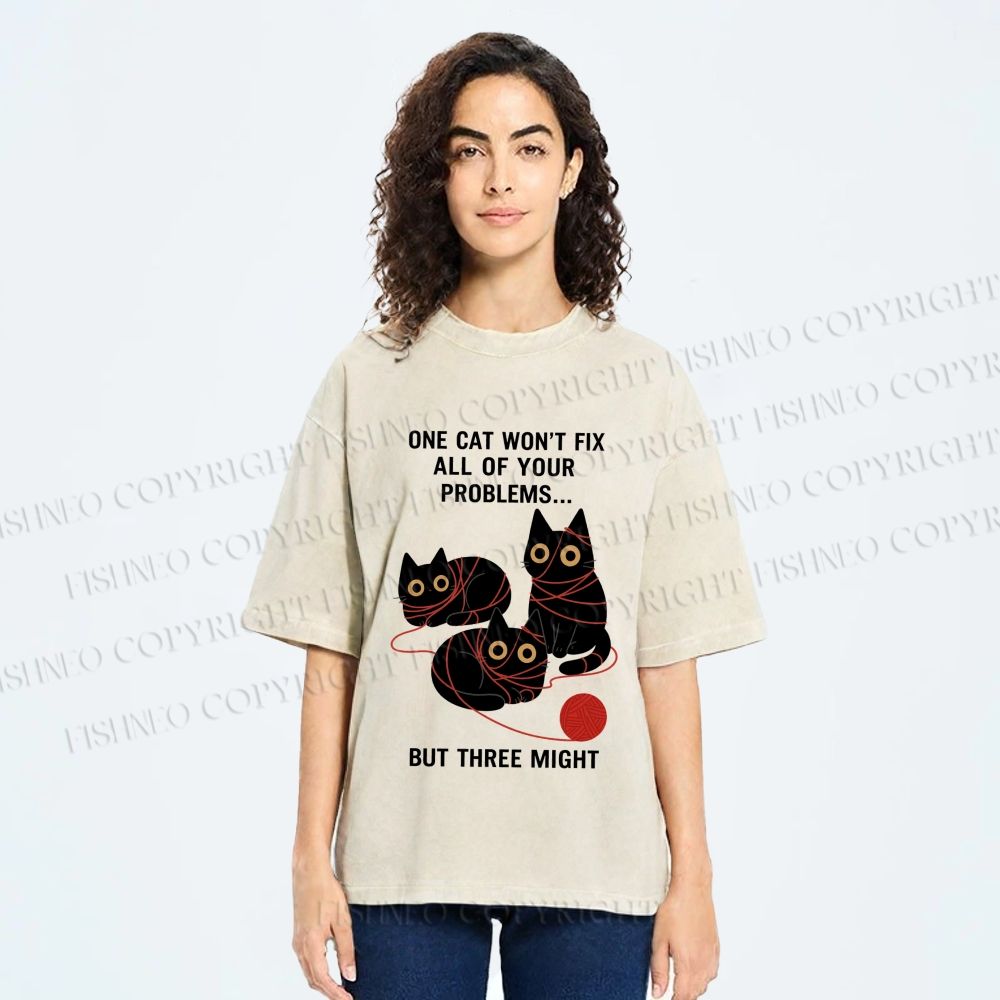 Unisex Three Cats Fix All Problems Printed Washed Tee
