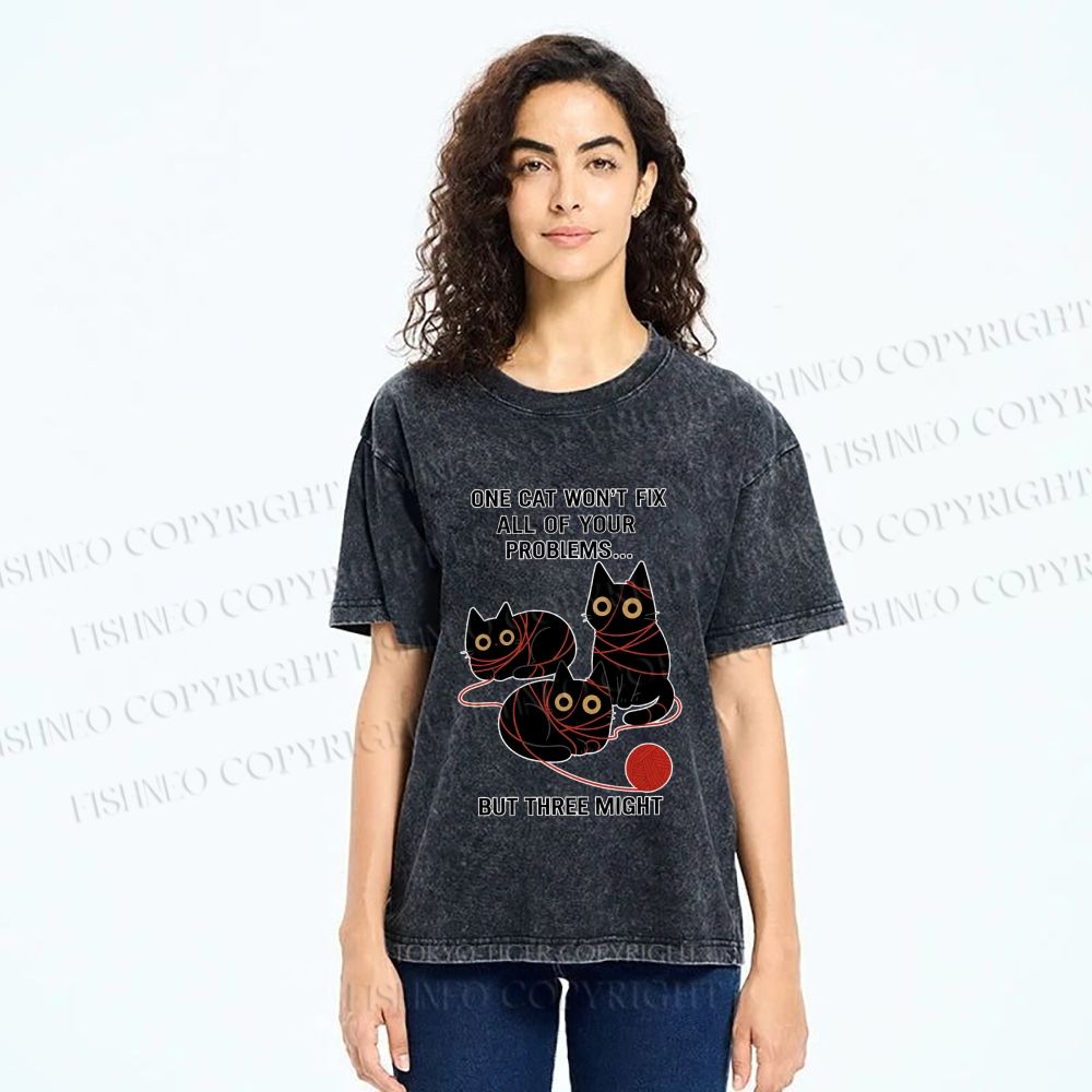 Unisex Three Cats Fix All Problems Printed Washed Tee