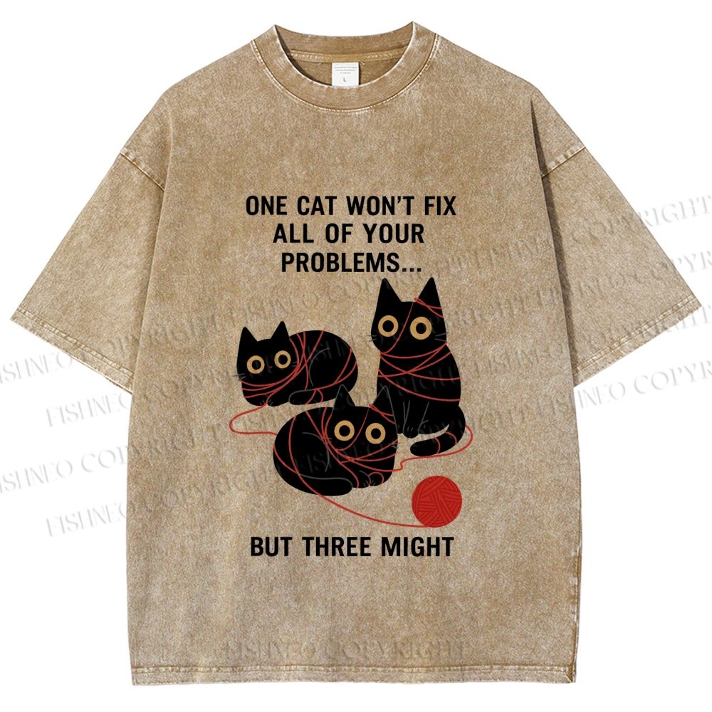 Unisex Three Cats Fix All Problems Printed Washed Tee
