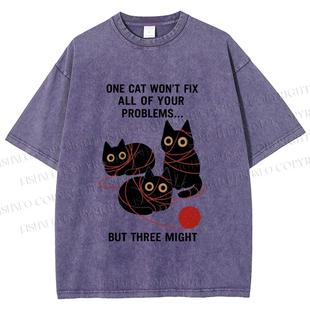 Unisex Three Cats Fix All Problems Printed Washed Tee