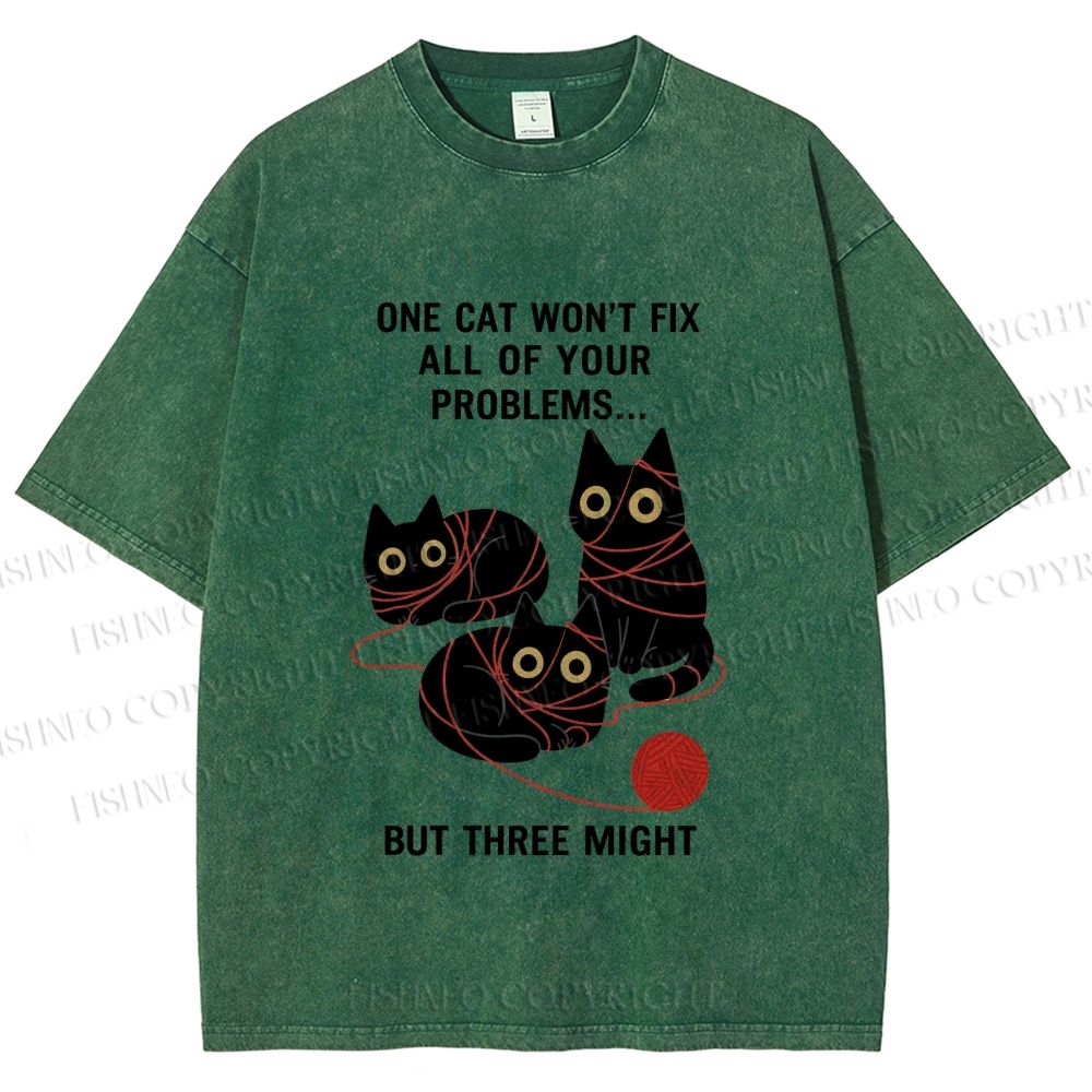 Unisex Three Cats Fix All Problems Printed Washed Tee