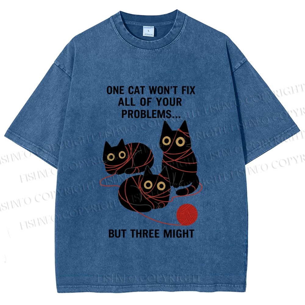Unisex Three Cats Fix All Problems Printed Washed Tee