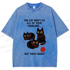 Unisex Three Cats Fix All Problems Printed Washed Tee