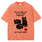 Unisex Three Cats Fix All Problems Printed Washed Tee