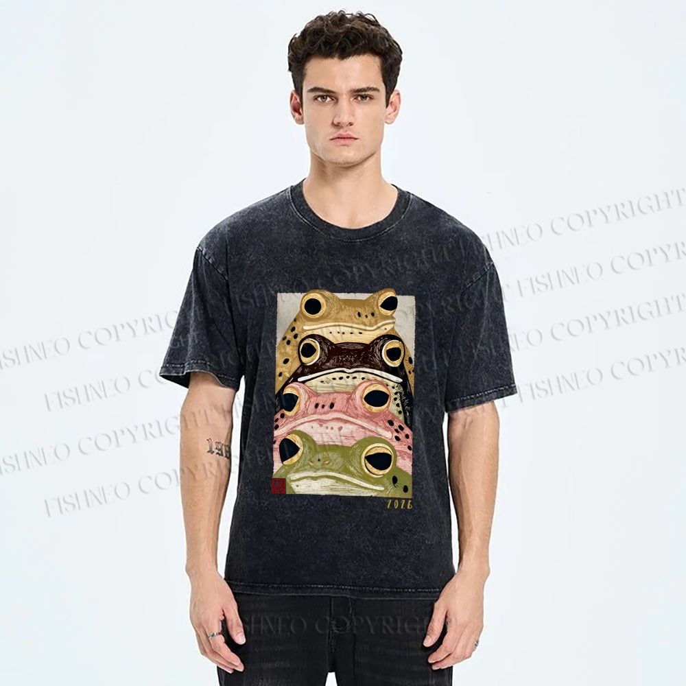 Unisex Whimsical Multi Colored Frog Art Printed Washed Tee