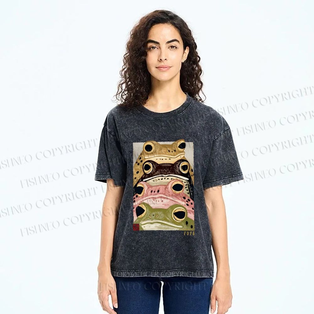 Unisex Whimsical Multi Colored Frog Art Printed Washed Tee