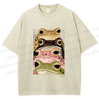 Unisex Whimsical Multi Colored Frog Art Printed Washed Tee