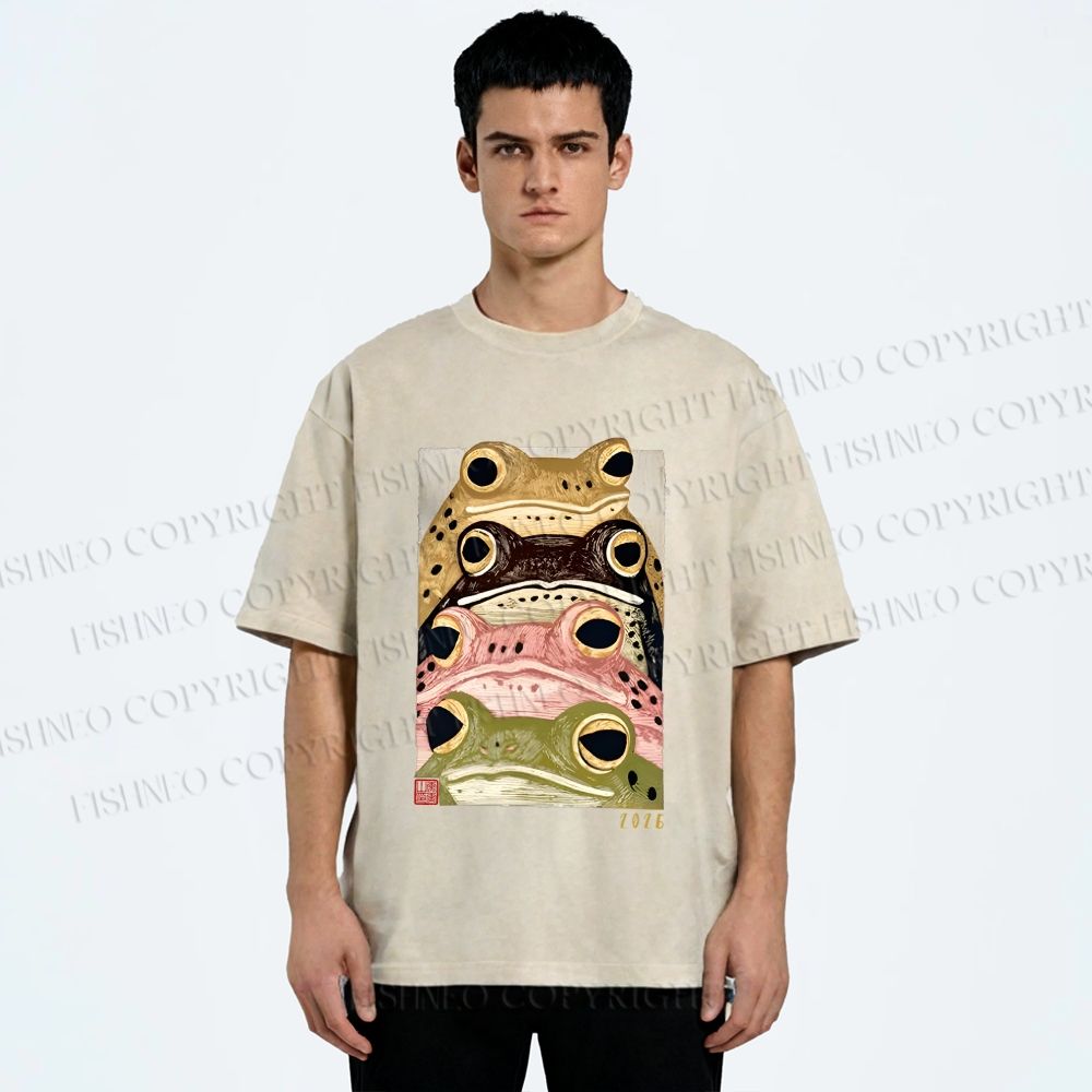 Unisex Whimsical Multi Colored Frog Art Printed Washed Tee