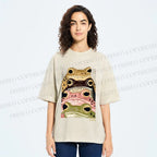 Unisex Whimsical Multi Colored Frog Art Printed Washed Tee